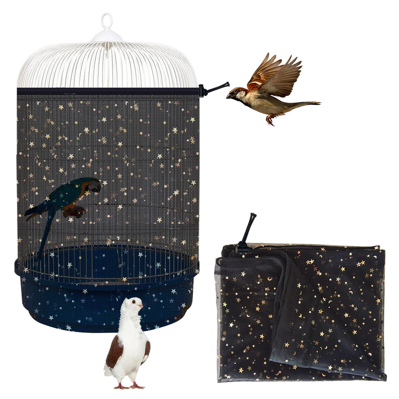 LYMOI Bird Cage Seed Catcher, 45-90'' Adjustable Bird Cage Cover, Universal Nylon Bird Cage Mesh Net, Bird Cage Skirt Guard Accessories for Parrot Parakeet Macaw Round Square Cage (Black)