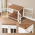 HOOBRO Heavy Duty Dog Crate Furniture, 31.5" Wooden Indoor Kennel with 3 Doors, Chew Resistant Metal Cage for Small and Medium Breeds, Dog Crate Side Table, White and Walnut