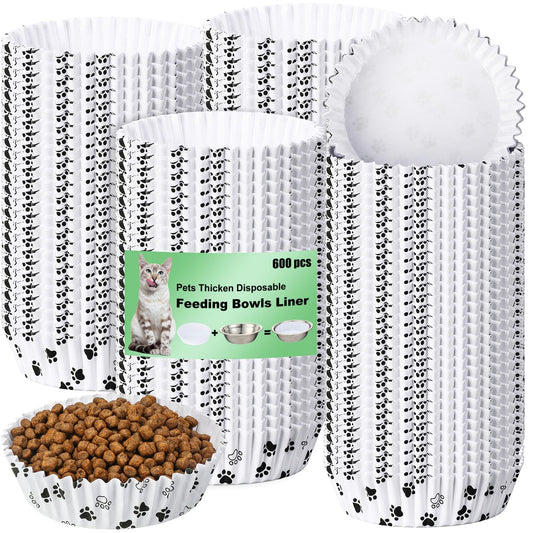 meekoo 600 Pcs Large Pet Disposable Feeding Bowls Liner Bulk Cat Food Bowls Small Paper Dish Paper Liner for Small Dogs Cats Dish Wet Food Feeding Station(White,Paw)