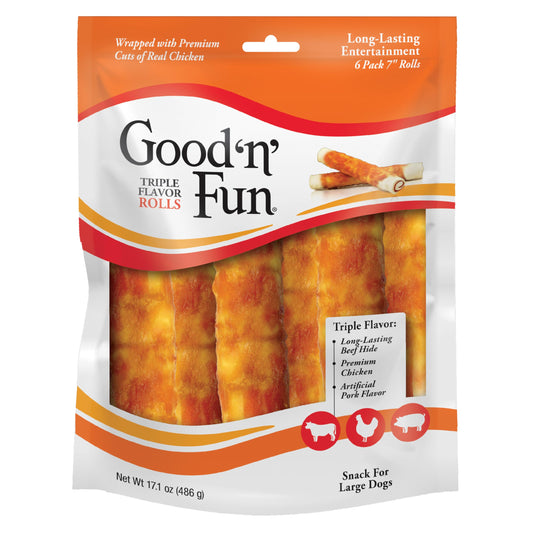 Good 'n' Fun Rolls Long-Lasting Dog Treat, For Large Dogs, With Real Proteins, Beef Hide and Premium Chicken, Supports Dental Health, Mental Stimulation, 6 count