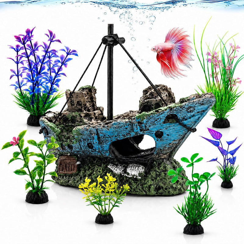 7 Pcs Shipwreck Aquarium Decorations Aquarium Plants for Fish Tank Decor