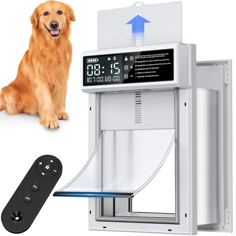 Automatic Dog Door with Timer, Smart Electric Pet Door with Anti-Pinch Sensor, Rechargeable 4000mAh Battery Powered, Waterproof LCD Screen with Safe Lock, Fits Small Medium Large Dogs Doors