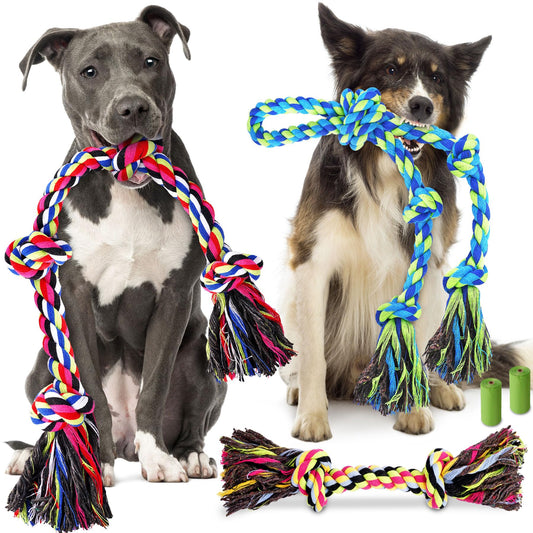 Forfon Tough & Strong Dog Toy for Aggressive Chewers – Tough Chew Toys for Large Dogs, Ideal for Tug-of-War & Teeth Cleaning, with 3 Rope Toys & 2 Dog Bags