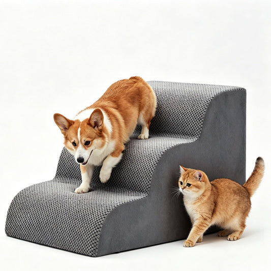 DUMOS Dog Stairs Ramp for Small Dogs and Cats, 3-Step Curved Pet Dog Steps with High-Density Foam for Puppy and Older Cats, Indoor Non-Slip Pet Ladder Ramp Stairs for Couch, High Beds, Sofa, Car Grey