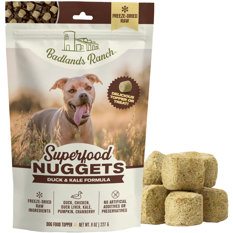BADLANDS RANCH Superfood Nuggets – Freeze-Dried Raw Dog Treat & Food Topper, Nutrient-Dense Duck & Kale Formula, High Protein, No Artificial Additives, 8oz Bag