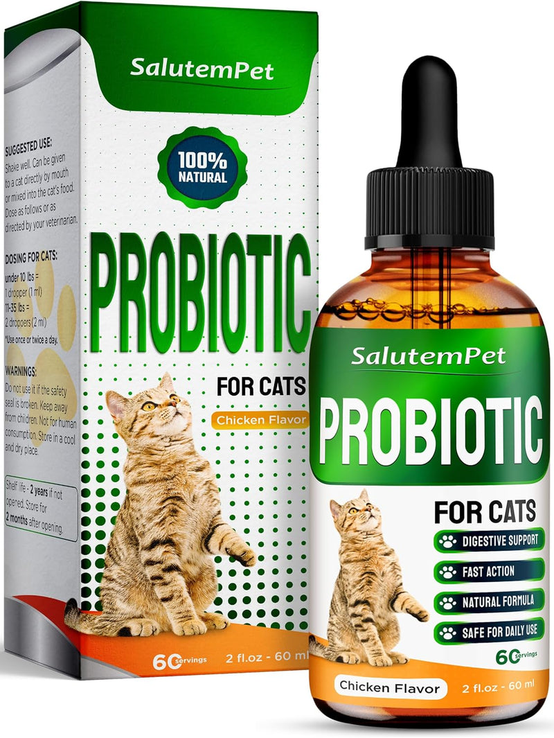Probiotics for Cats for Digestive Support – Cat Probiotics for Indoor Cats Help with Colic, Upset Stomachs, Diarrhea, Gas, and Bloating – Prebiotics + Pleasant Chicken Flavor Inside – 2 Oz