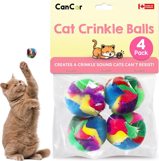 Crinkle Cat Toy Balls 4 Pack | Soft Cat Crinkle Toys for Indoor Cats & Kittens | Food-Grade Acetate Safer Than Mylar | Made in Canada
