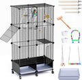 JYEARN Flight Bird Cage with Wheels, 46-Inch Metal Parakeet Cage with Slide-Out Trays, Perches, Bowls & Bird Toys, Indoor Bird Cage for Cockatiel, Budgie, Lovebird, Finch & Small Birds