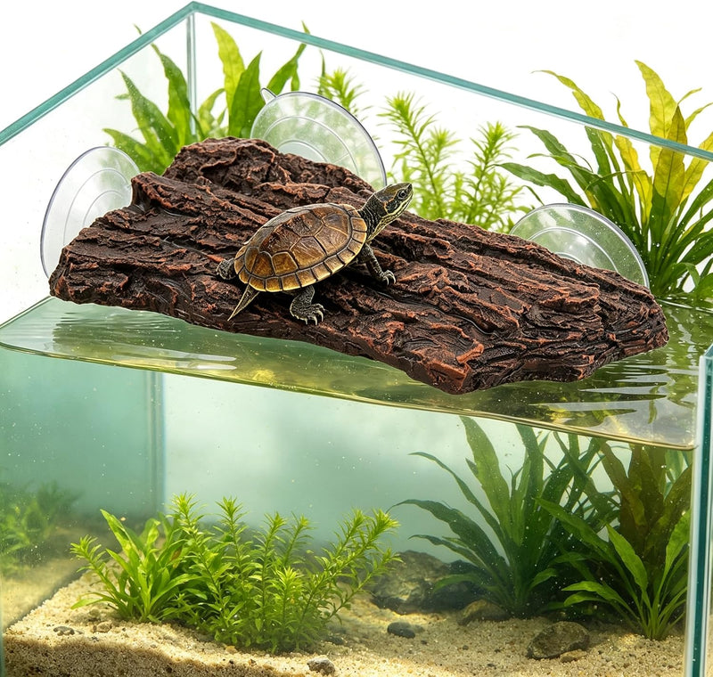 Turtle Basking Platform, Resin Bark‑Textured Turtle Dock with 3 Suction