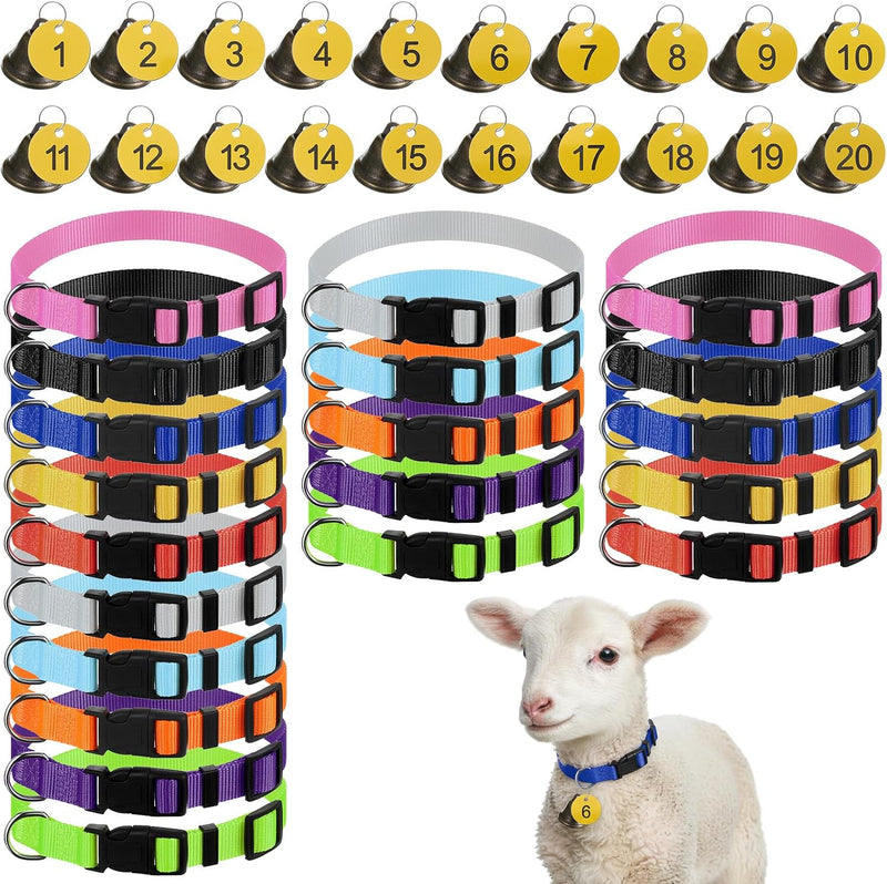 20 Pack Goat Collars with Bells, Adjustable Nylon Collar Set