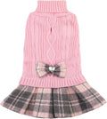 Small Dog Sweater Dress with Bowtie Turtleneck Knitted Puppy Winter Clothes Girl Warm Dog Sweaters with Leash Hole for Y