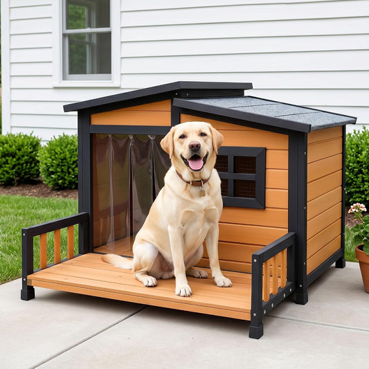 Large Dog House Outdoor Elevated Wooden Dog Kennel with Porch 39" Brown
