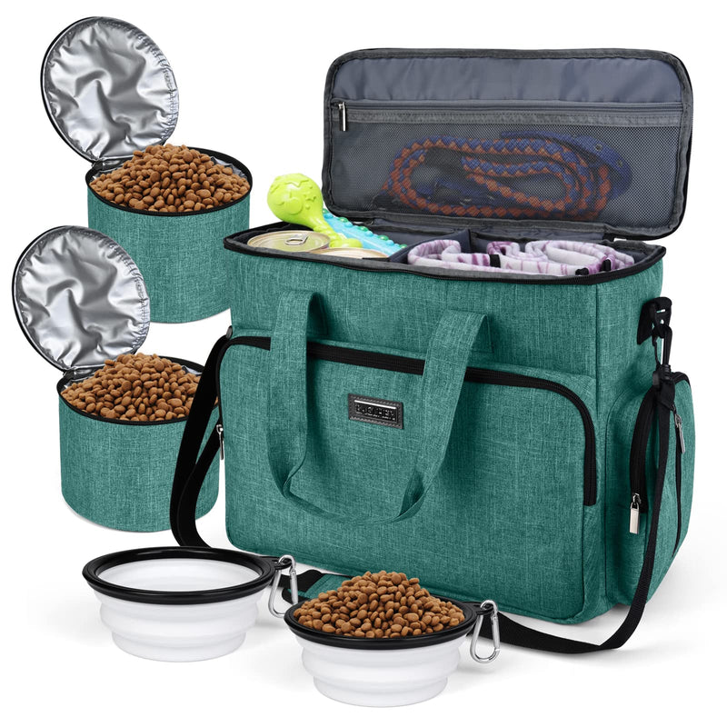 BAGLHER Dog Travel Bag, Airline Approved Pet Tote Organizer with Multi-Function Pockets, 2 X Food Storage Containers and 2 X Collapsible Bowls, Perfect Weekend Pet Travel Set for Dog, Cat Green