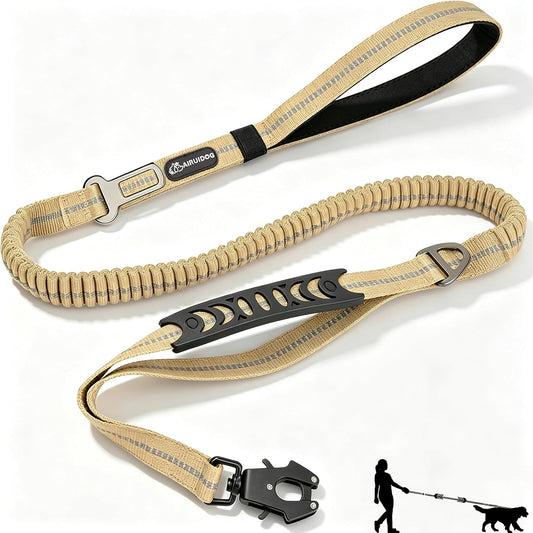 AIRUIDOG Heavy Duty Tactical Dog Leash, 4-6FT Shock Absorbing Tactical Leash with 2 Padded Handles, Metal Carabiner Clip,Car Seatbelt, Reflective Heavy Duty Leashes for Medium Large Dogs (Brown)