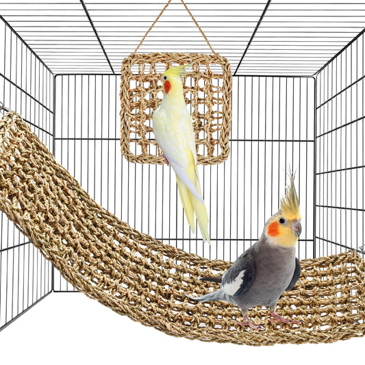2Pcs Natural Sea Grass Parrot Mat - Foraging Chew Wall Toy with Climbing Rope & Hook, Hanging Play Pad for Lovebirds/Cockatoos/Budgerigars/Conures/Pigeons | 2 Sizes29.53x6.89 &7.48x7.48 Inches