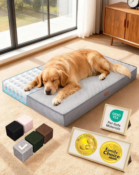 OhGeni Orthopedic Waterproof Dog Bed for Extra Large Dogs, Machine-Washable Removable Cover in Easy-Clean Fabric, Reversible Memory Foam & Easy-Carry Handle, Suitable for Crate, 41 inch (Gray)