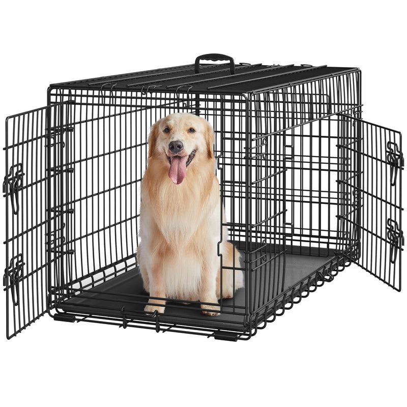 Yaheetech 42 inch Double Door Dog Crate w/Divider for Puppy, Collapsible Metal Dog Kennel with Removable Tray, Portable Travel Cage, Black