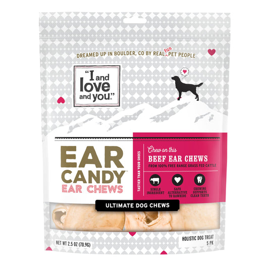 I and love and you Ear Candy Cow Ear Chews - Beef - Rawhide Alternative, Single Ingredient, Free Range Grass Fed Beef, 5ct