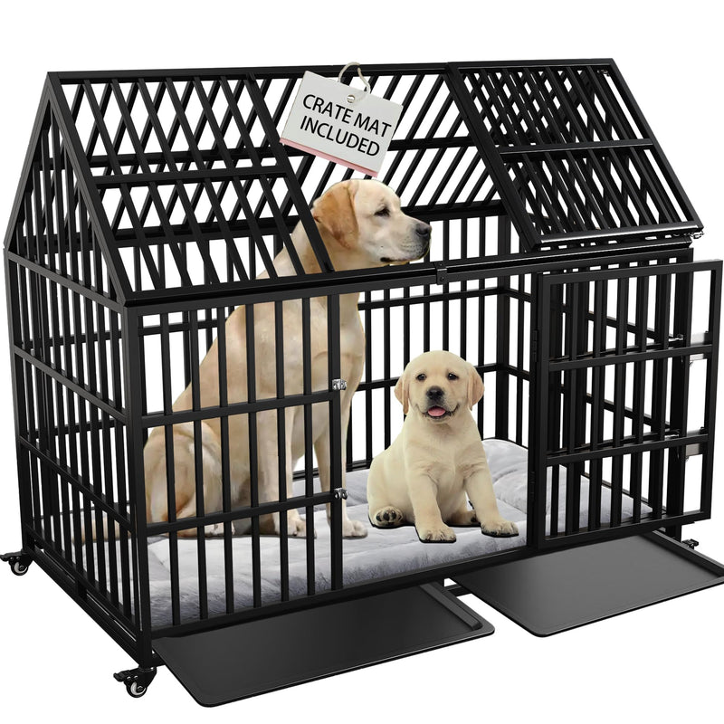 Heavy Duty Dog Crate 54 Inch Dog Pet Cage Kennel with Mat Escape Proof with Roof Top Open 4 Wheels 2 Doors Removable Trays for High Anxiety Extra Large XL XXL Dogs Breeds Great Dane Mastiff Bernard