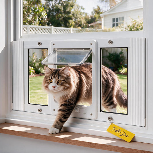 Full-Size Window Pet Door for Cats & Small Dogs, Width Adjustable Fits Sliding Windows, 10-Min Install, Aluminum Frame, HD High-Transparency Glass, Weatherproof Design, Magnetic Close