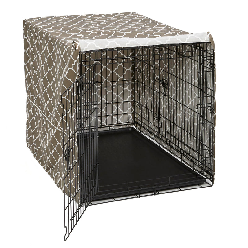 MidWest Homes for Pets Large Dog Crate Cover with Teflon Fabric Protector, Poly-Cotton Privacy Kennel Cover Fits Most 42-inch Crates, Brown Designer Print, Washable, Reduces Barking, CVR42T-BR