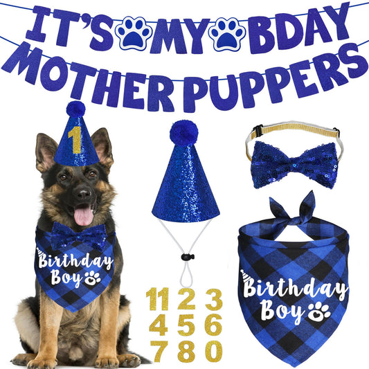 JOTFA Dog Birthday Party Supplies, Multi Sizes Dog Birthday Hat with Numbers Bandana Bow Tie It’s My Bday Mother Puppers Sign Banner for Large X-Large Dogs Pets (X-Large, Blue)