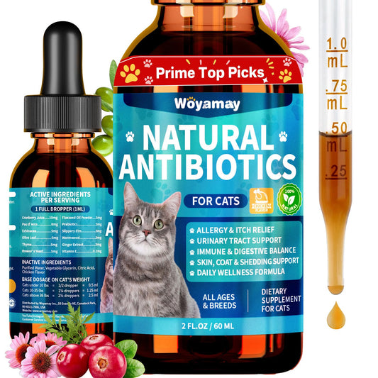 Woyamay Antibiotics for Cats, Natural Antibiotic for Allergy Relief, Urinary Tract Health, Itch Relief & Digestion Care, Cat Allergy Relief for Cats, Cat Immune Support Supplement, 2 Fl Oz