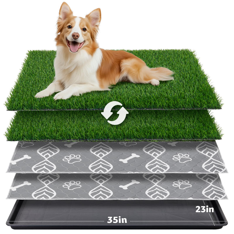 LOOBANI Large Dog Grass Pad with Tray - 35x23in Dog Litter Box with 2 Artificial Grass Patch + 2 Washable Pee Pads - Quickly Absorbency Indoor Outdoor Potty for Patio Balcony Apartment Use