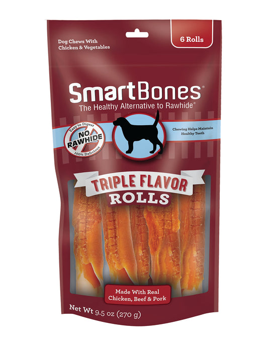 SmartBones Triple Flavor Rolls 6 Count, Rawhide-Free Chews for Dogs
