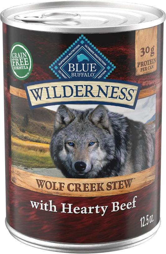 Blue Buffalo Wilderness Wolf Creek Stew Wet Dog Food, High-Protein & Grain-Free, Made with Natural Ingredients, Hearty Beef in Gravy, 12.5-oz. Cans (12 Count)
