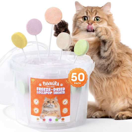 Pawaura 50 Pack Freeze Dried Cat Lollipop Treats, 5 Flavors, Interactive Cat Toy,Cat Birthday Treats& Food Toppers