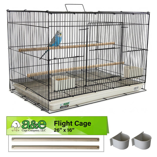 A&E Cage Co 503 Flight Cage – 24"x16"x16" Small Bird Cage with Slide-Out Tray, Wood Perch, Dual Feeding Stations & Carry Handle – Black Powder Coated Cage for Finches, Canaries & Small Birds