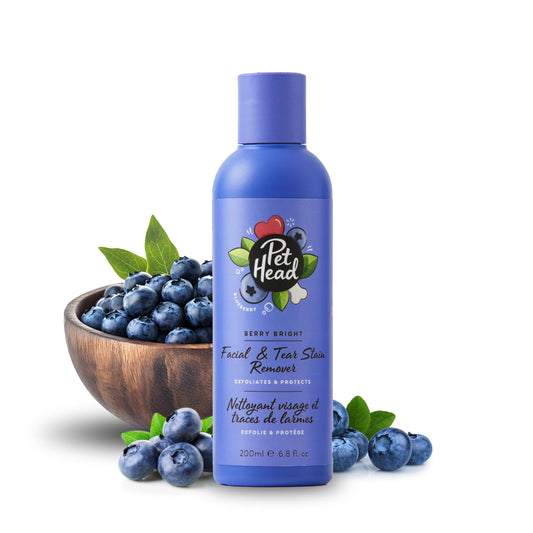 Pet Head Berry Bright Facial & Tear Stain Remover for Dogs | Blueberry Scent | Removes Tears and Stains | Neutralizes Yellow and Brassy Tones | Cleans and Protects Fur and Skin | 6.8 fl. oz.