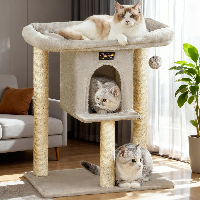 Cat Tree Tower Scratching Post for Indoor Large Cats, Small Cat Tree with Big Perch Bed, 28in Tall Trees House with Condo Cave, Toy Balls, Modern Climbing Furniture Platform for Kitten (Light Gray)