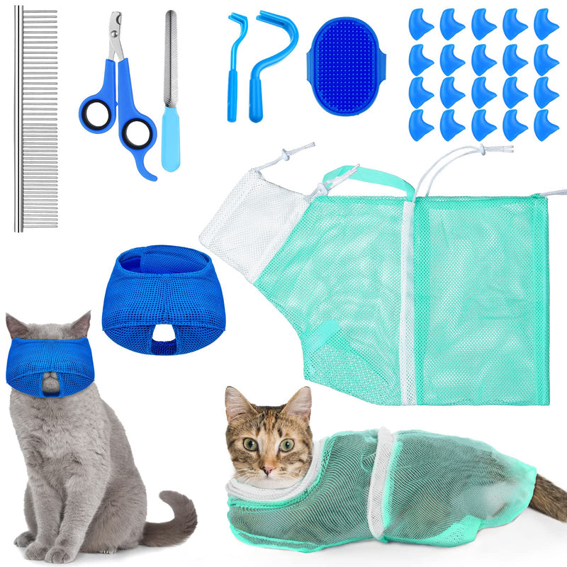 Kritkin 9 Pcs Cat Bathing Bag Set Cat Shower Bag Anti Bite and Scratch for Pet Grooming Washing Brush Comb Muzzle Nail Clipper Nail File Tick Tool(Blue, Turquoise)