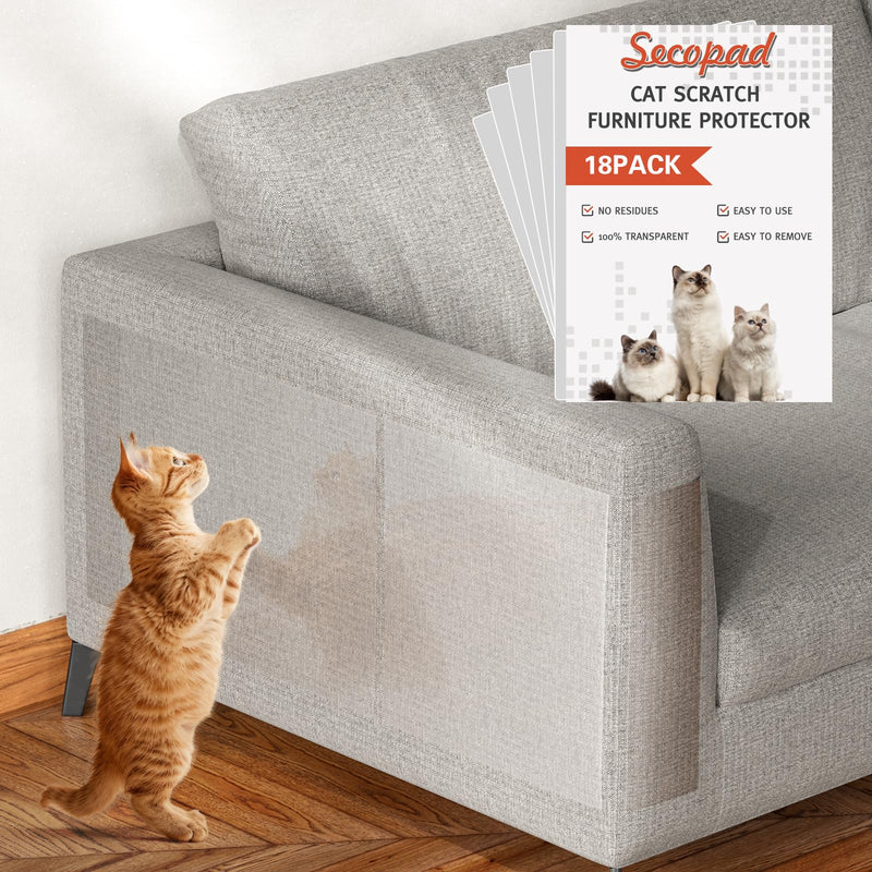 Secopad 18 PCS Large Cat Scratch Furniture Protector, Transparent Couch Protector from Cat Claws, Single-Sided Self Adhesive Anti Pet Deterrent Sofa Cover, 17IN