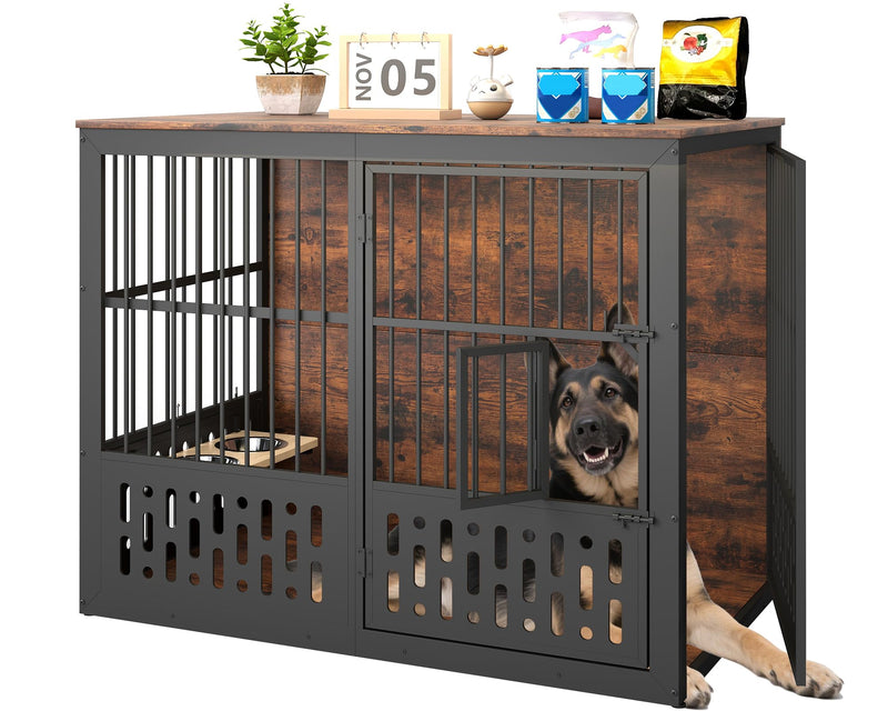 Yafylly 48 Inch XXL Dog Crate Furniture, Wooden Chewproof Dog Kennel with Interactive Window, 360° Adjustable Bowls (5 Heights), Storage Table Top, Heavy Duty XL Dog Crate for Medium Large Dogs, Brown