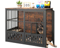 Yafylly 48 Inch XXL Dog Crate Furniture, Wooden Chewproof Dog Kennel with Interactive Window, 360° Adjustable Bowls (5 Heights), Storage Table Top, Heavy Duty XL Dog Crate for Medium Large Dogs, Brown
