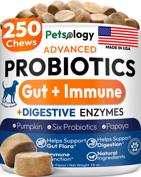 Probiotics for Dogs - 250 Dog Probiotics Chews - Digestive Enzymes & Prebiotics - Support Gut Health, Diarrhea, Gas & Constipation Relief - Itchy Skin, Allergies, Yeast Balance - Advanced Supplement