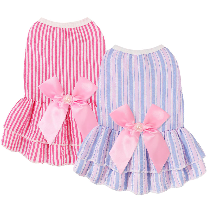 Pet Summer Dress, Cute Princess Dog Dresses for Small Dogs Girl with Bright Color Design, Sweet Bowknot, Small Puppy Clothes for Girls, 2 Pack, XS