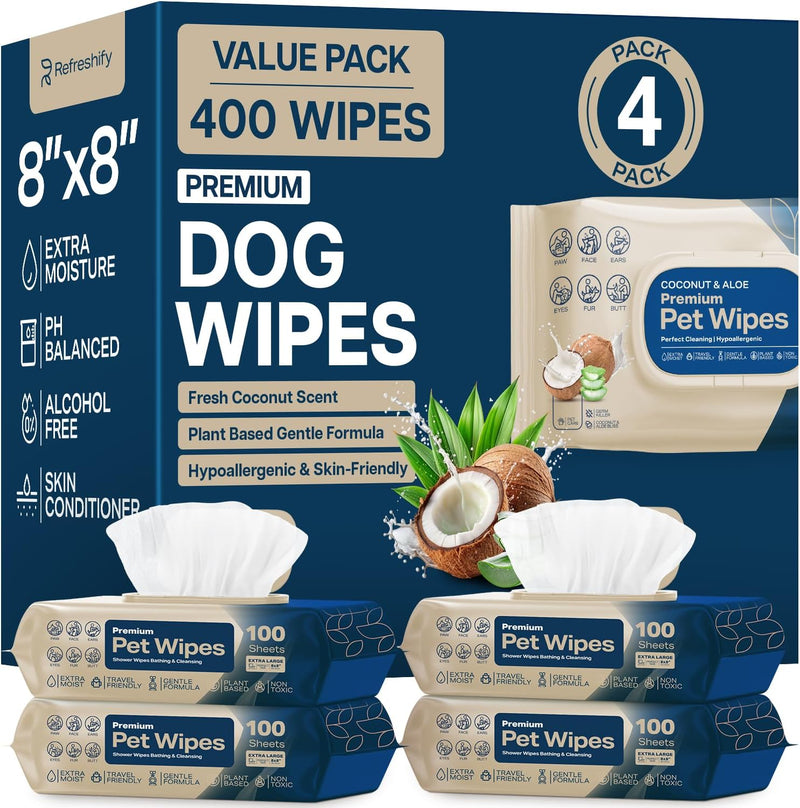 REFRESHIFY Dog Wipes for Paws and Butt - Coconut Scented (Pack of 400) - Pet Wipes for Dogs and Cats - Deodorizing Non T