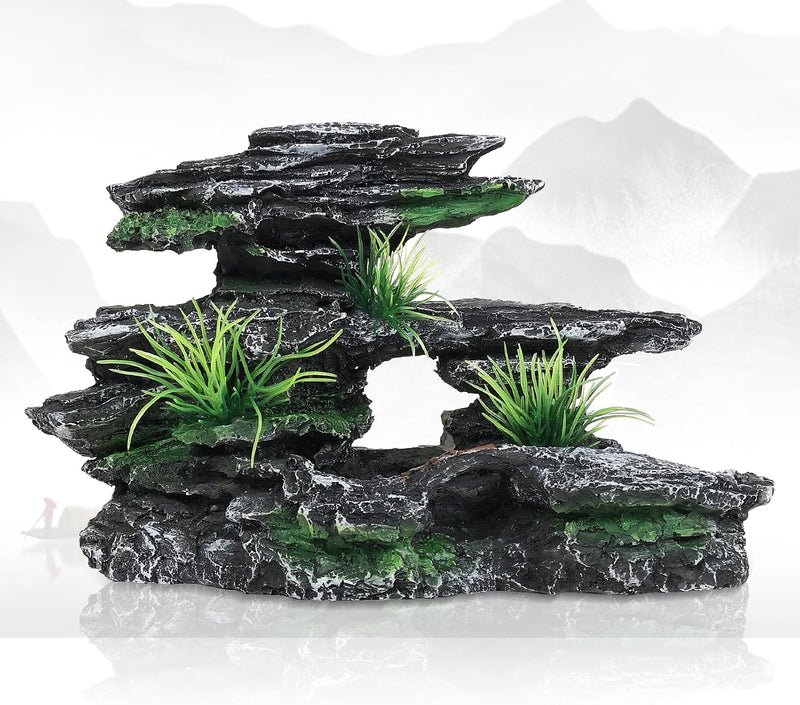Aquarium Decor Mountain View Stone Ornament, Premium Landscape Fish Tank Decorations, Fish Tank Accessories, Ideal for B