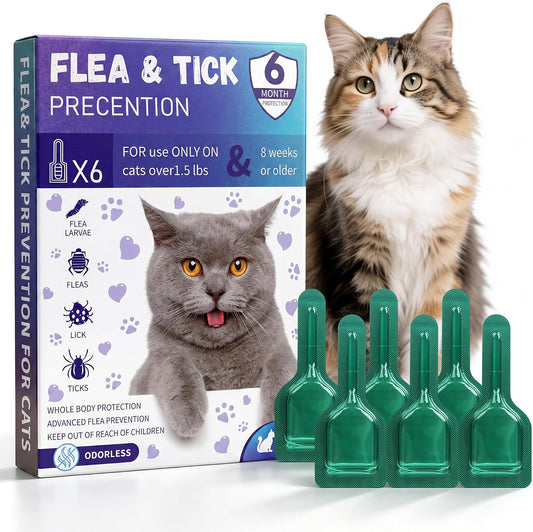 Flea and Tick for Cats, Cat Flea & Tick Topical Drops, 6 Monthly 0.5ml Doses for Cats & Kittens 8+ Weeks, Over 1.5 lbs