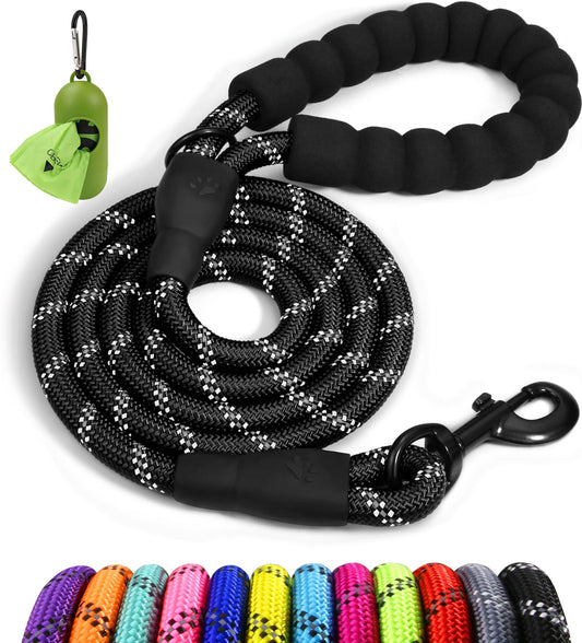 Taglory Rope Dog Leash 6 FT with Comfortable Padded Handle, Highly Reflective Threads Leash and Anti-Tangle Clip for Walking Medium Large Dogs, 1/2 inch, Black