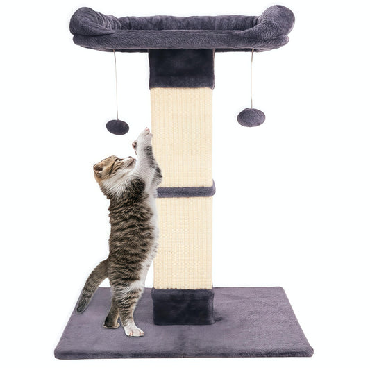 Runske 34" Cat Scratching Post for Indoor Cats, Sisal Cat Scratcher with Large Plush Perch, Vertical Posts with Elevated Bed and with Two Dangling Balls, Removable & Washable Cover, Dark Grey