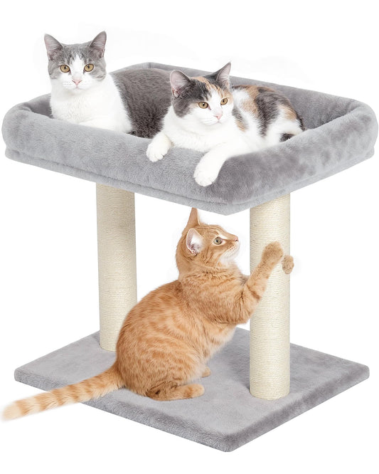 KinoTail Cat Tree with Scratching Post, 19"×15.8" Large Top Perch Bed, Small Cat Tower for Indoor Cats, Dual Natural Sisal Posts, Space-Saving Cat Furniture (Light Gray)
