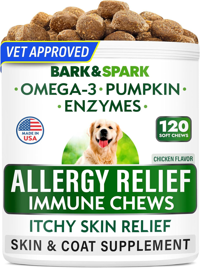 BARK&SPARK Dog Allergy Relief Soft Chews for Skin Health & Seasonal Allergies - Anti-Itch Supplement w/Omega-3, Quercetin & Bromelain Immune Treats for Dry Skin & Hot Spots - Chicken Liver - 360ct