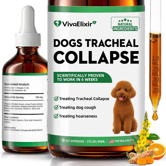 Dog Cough Treatment Liquid – Tracheal Collapse Support for Dogs – Herbal Drops with Slippery Elm, Mullein & Olive Leaf – Helps Soothe Throat, Calm Coughing & Su