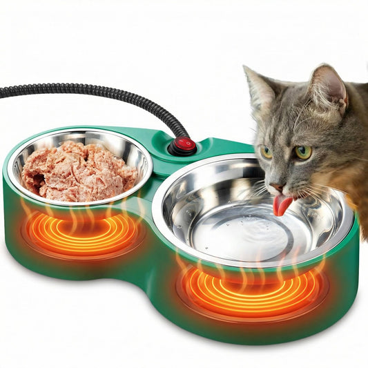 Heated Cat Bowl with Soft Indicator Light – Double Removable Stainless Steel Bowls, Freeze-Proof Water & Food, Overheat Protected, Chew-Resistant Cord, UL Listed