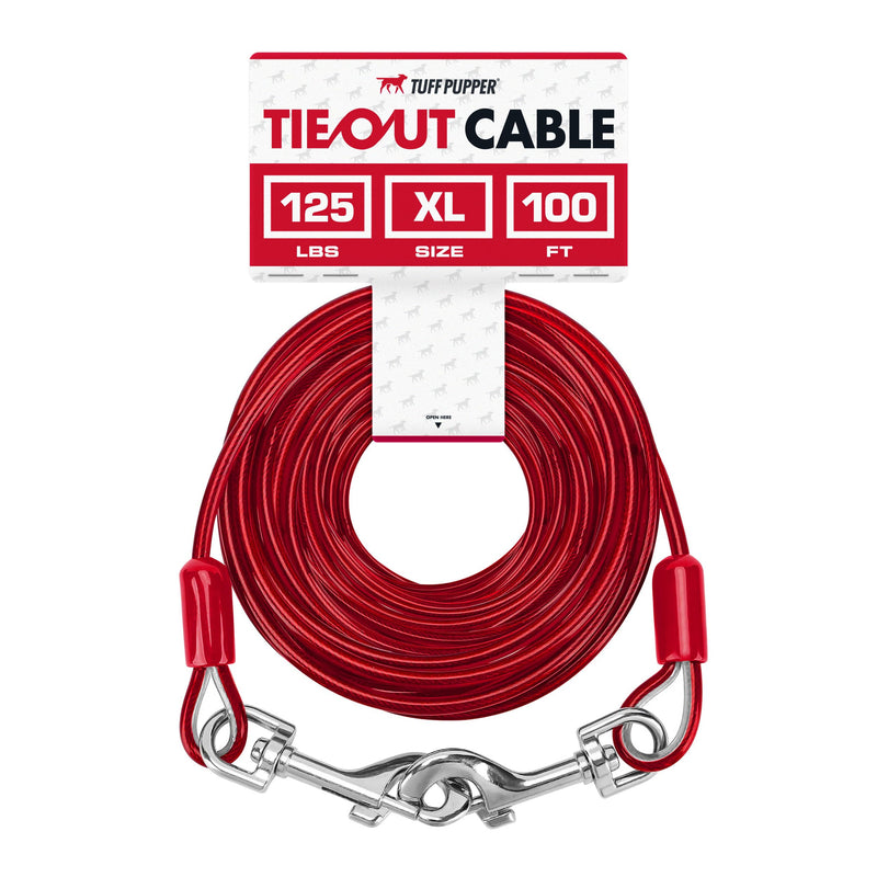 Tuff Pupper Dog Tie Out Cable 100 Feet | Dog Runner Cable for Yard 100 ft | Heavy Duty Lead | Water & Rust Resistant Industrial Strength Steel | 360 Degree No Tangle Swivel Clips